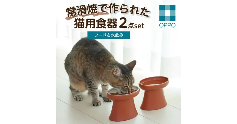 【ふるさと納税】常滑焼 猫用食器 2点set（フード＆水飲み） ペットフードボウル 猫 キャットフード 餌入れ お皿 器 陶器 食器 水飲み おしゃれ 和風 プレゼント ペット用品 食べやすい 清潔 OPPO 猫用飼育グッズ 送料無料